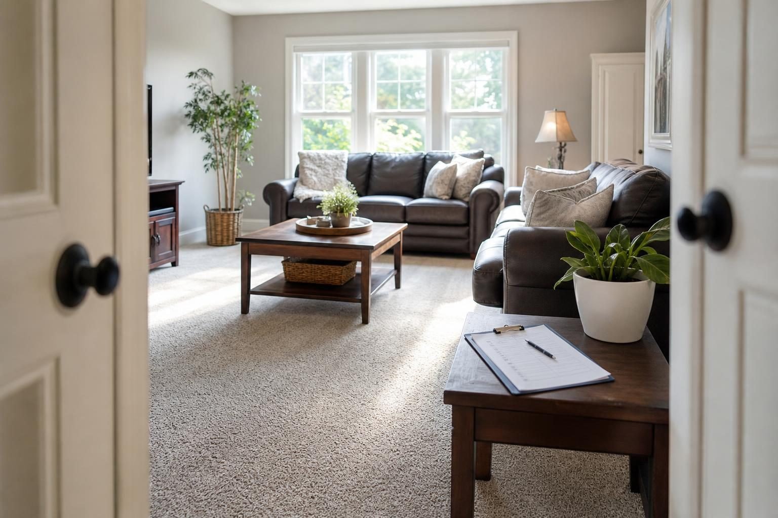 Clean living room with checklist on table before hiring a cleaning company in Washington
